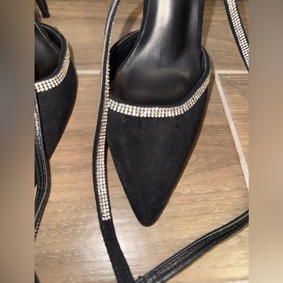 Lulus Luciee Black Satin Rhinestone Ankle Strap Heels Size 8 - Picture 6 of 8